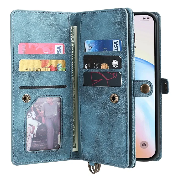 MEGSHI 021 Series Detachable 2-in-1 Magnetic Wallet Design Multiple Card Slots Anti-fall Phone Case with Stand and Strap for iPhone 11 6.1 inch - Blue
