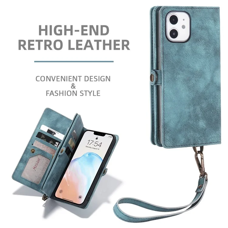 MEGSHI 021 Series Detachable 2-in-1 Magnetic Wallet Design Multiple Card Slots Anti-fall Phone Case with Stand and Strap for iPhone 11 6.1 inch - Blue