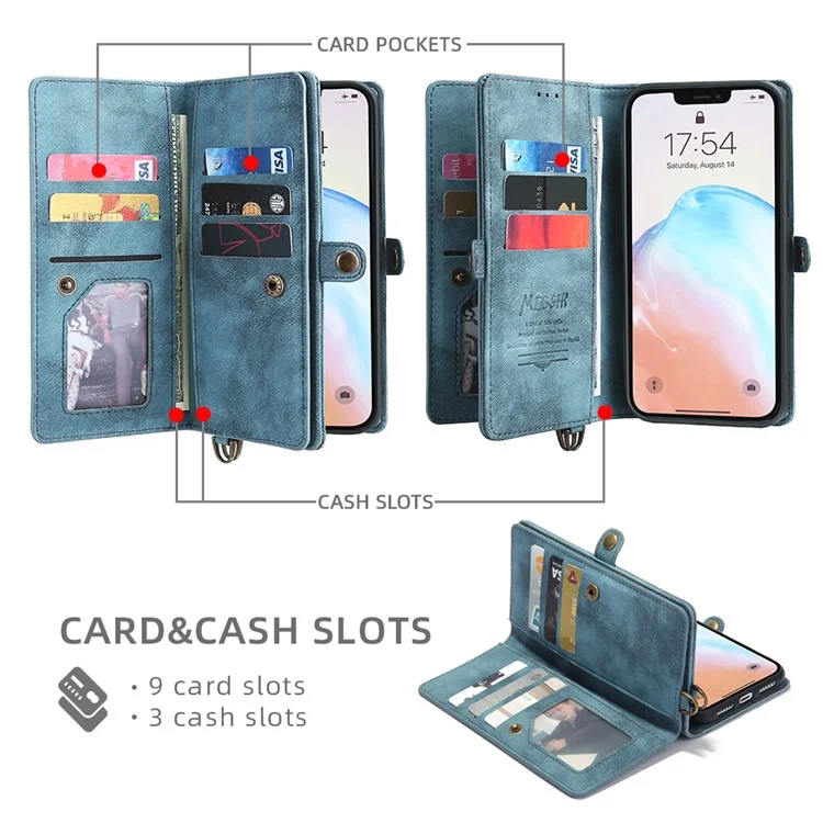 MEGSHI 021 Series Detachable 2-in-1 Magnetic Wallet Design Multiple Card Slots Anti-fall Phone Case with Stand and Strap for iPhone 11 6.1 inch - Blue