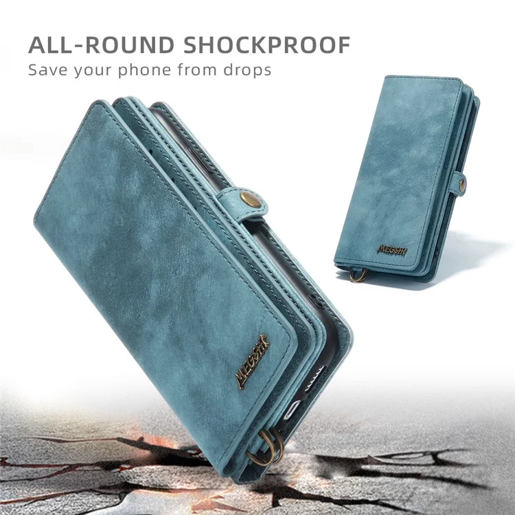MEGSHI 021 Series Detachable 2-in-1 Magnetic Wallet Design Multiple Card Slots Anti-fall Phone Case with Stand and Strap for iPhone 11 6.1 inch - Blue