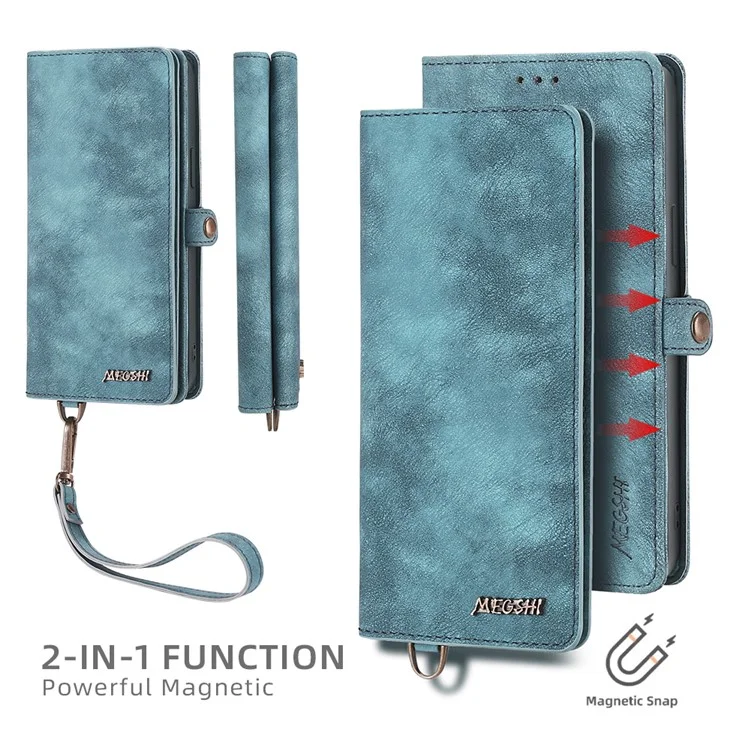 MEGSHI 021 Series Detachable 2-in-1 Magnetic Wallet Design Multiple Card Slots Anti-fall Phone Case with Stand and Strap for iPhone 11 6.1 inch - Blue