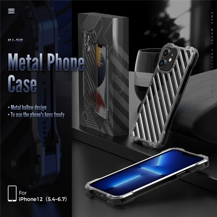 R-juste RJ-50 Aluminium Alloy Metal Frame Anti-scratch Strong Anti-fall Hollow Protective Case Avec Protector Pour L'iphone 12 6,1 Pouces