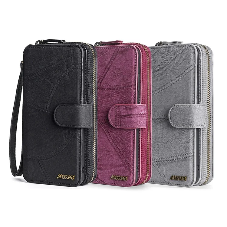 MEGSHI 004 Series Scratch Resistant Magnetic Detachable Stand Design Zipper Pocket Shockproof PU Leather TPU Wallet Cover for iPhone 13 Pro Max 6.7 inch - Black