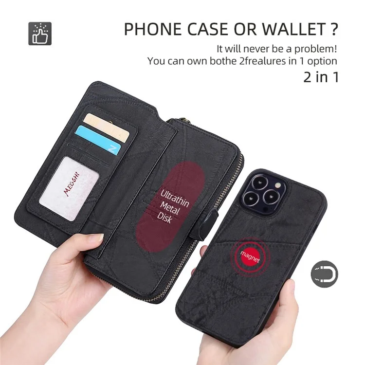MEGSHI 004 Series Scratch Resistant Magnetic Detachable Stand Design Zipper Pocket Shockproof PU Leather TPU Wallet Cover for iPhone 13 Pro Max 6.7 inch - Black