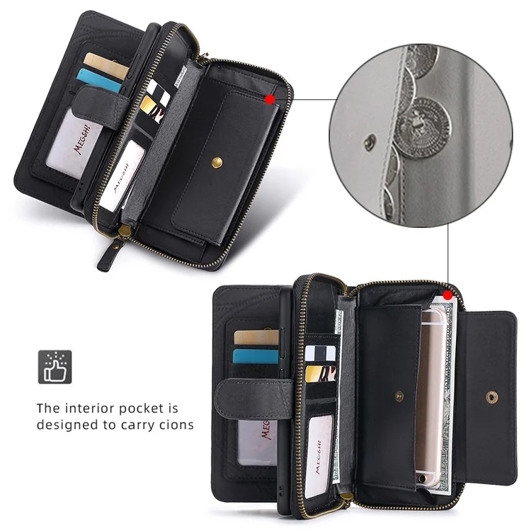 MEGSHI 004 Series Scratch Resistant Magnetic Detachable Stand Design Zipper Pocket Shockproof PU Leather TPU Wallet Cover for iPhone 13 Pro Max 6.7 inch - Black