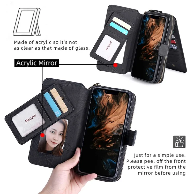 MEGSHI 004 Series Scratch Resistant Magnetic Detachable Stand Design Zipper Pocket Shockproof PU Leather TPU Wallet Cover for iPhone 13 Pro Max 6.7 inch - Black
