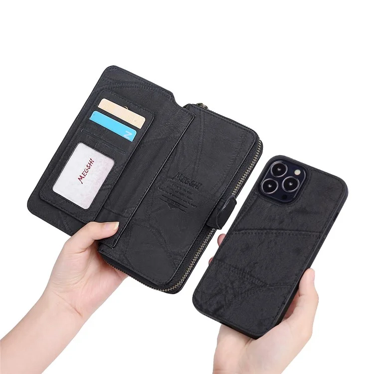 MEGSHI 004 Series Scratch Resistant Magnetic Detachable Stand Design Zipper Pocket Shockproof PU Leather TPU Wallet Cover for iPhone 13 Pro Max 6.7 inch - Black