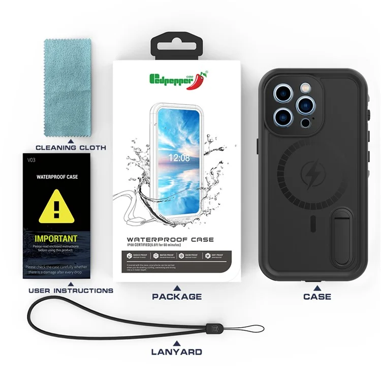 REDPEPPER Capa à prova d'água IP68 com suporte para iPhone 13 Pro 6.1 polegadas Magsafe Carregamento magnético - Preto