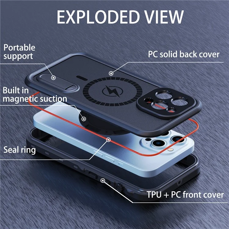 REDPEPPER Capa à prova d'água IP68 com suporte para iPhone 13 Pro 6.1 polegadas Magsafe Carregamento magnético - Preto