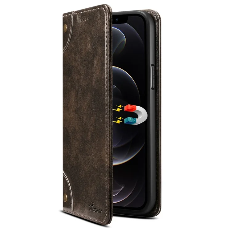 SUTENI 055 Series Wallet Design Flip Phone Cover Automatic Closing PU Leather+TPU Case with Stand for iPhone 12 Pro Max 6.7 inch - Black