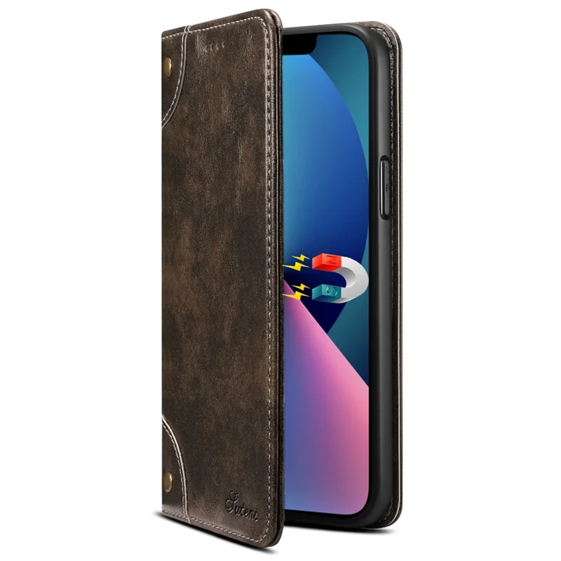 SUTENI 055 Series Anti-Scratch Anti-Drop Flip Phone Cover PU Leather+TPU Case Shell with Wallet and Stand for iPhone 13 6.1 inch - Black