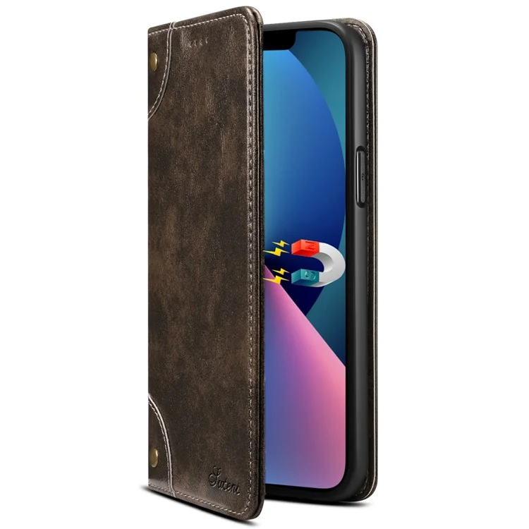 Suteni 055 Series Forte Auto Fechamento PU Couro + TPU Case Carteira Stand Shock À Prova De Choque Para Iphone 13 Mini 5,4 Polegadas - Preto