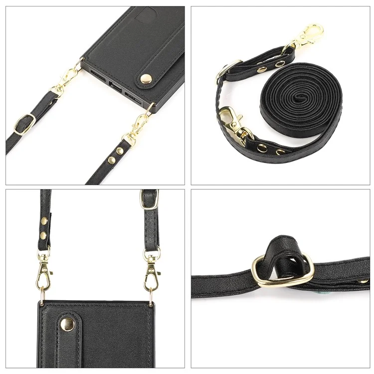 Anti-fingerprint Quality PU Leather and TPU Cover Practical Kickstand Card Slot Design Phone Case with Strap for iPhone 13 Pro Max 6.7 inch - Black