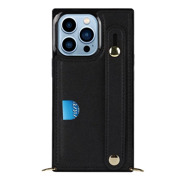 Anti-fingerprint Quality PU Leather and TPU Cover Practical Kickstand Card Slot Design Phone Case with Strap for iPhone 13 Pro Max 6.7 inch - Black