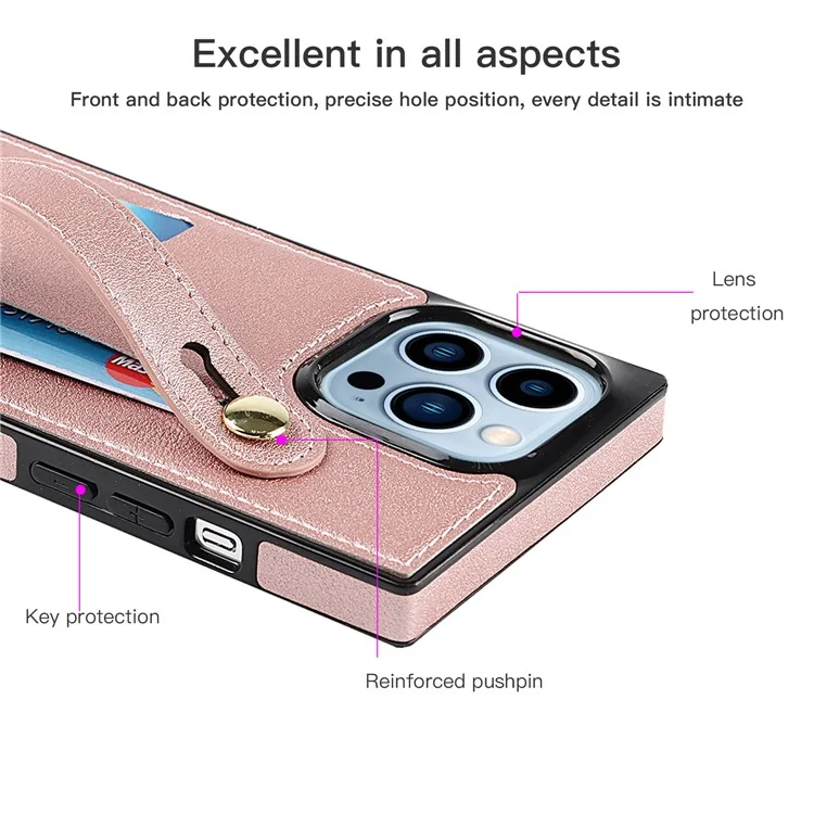 Anti-fingerprint Quality PU Leather and TPU Cover Practical Kickstand Card Slot Design Phone Case with Strap for iPhone 13 Pro Max 6.7 inch - Black