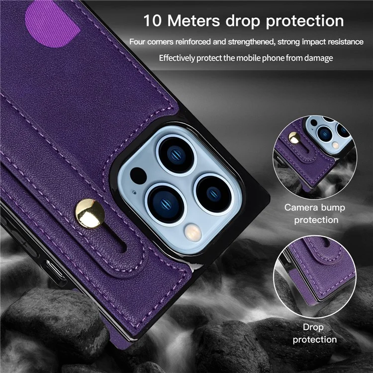 Anti-fingerprint Quality PU Leather and TPU Cover Practical Kickstand Card Slot Design Phone Case with Strap for iPhone 13 Pro Max 6.7 inch - Black