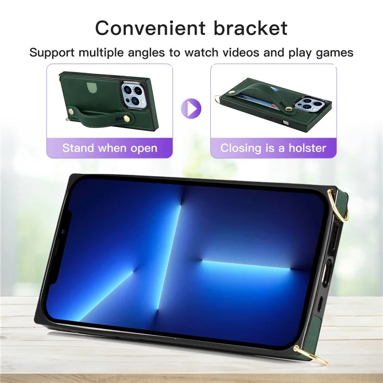 Anti-fingerprint Quality PU Leather and TPU Cover Practical Kickstand Card Slot Design Phone Case with Strap for iPhone 13 Pro Max 6.7 inch - Black