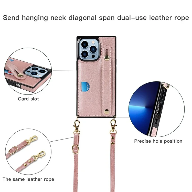 Anti-fingerprint Quality PU Leather and TPU Cover Practical Kickstand Card Slot Design Phone Case with Strap for iPhone 13 Pro Max 6.7 inch - Black