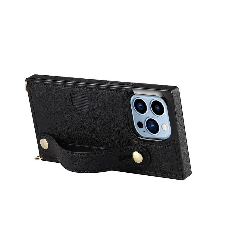 Anti-fingerprint Quality PU Leather and TPU Cover Practical Kickstand Card Slot Design Phone Case with Strap for iPhone 13 Pro Max 6.7 inch - Black