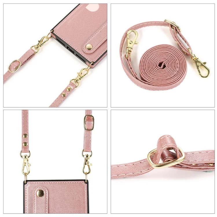 Stylish PU Leather Coated TPU Cover Card Slots Hand Strap Case with Kickstand for iPhone 13 6.1 inch - Rose Gold