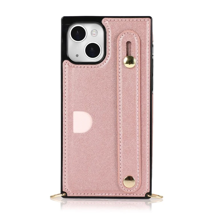 Stylish PU Leather Coated TPU Cover Card Slots Hand Strap Case with Kickstand for iPhone 13 6.1 inch - Rose Gold