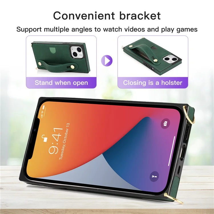 Stylish PU Leather Coated TPU Cover Card Slots Hand Strap Case with Kickstand for iPhone 13 6.1 inch - Rose Gold