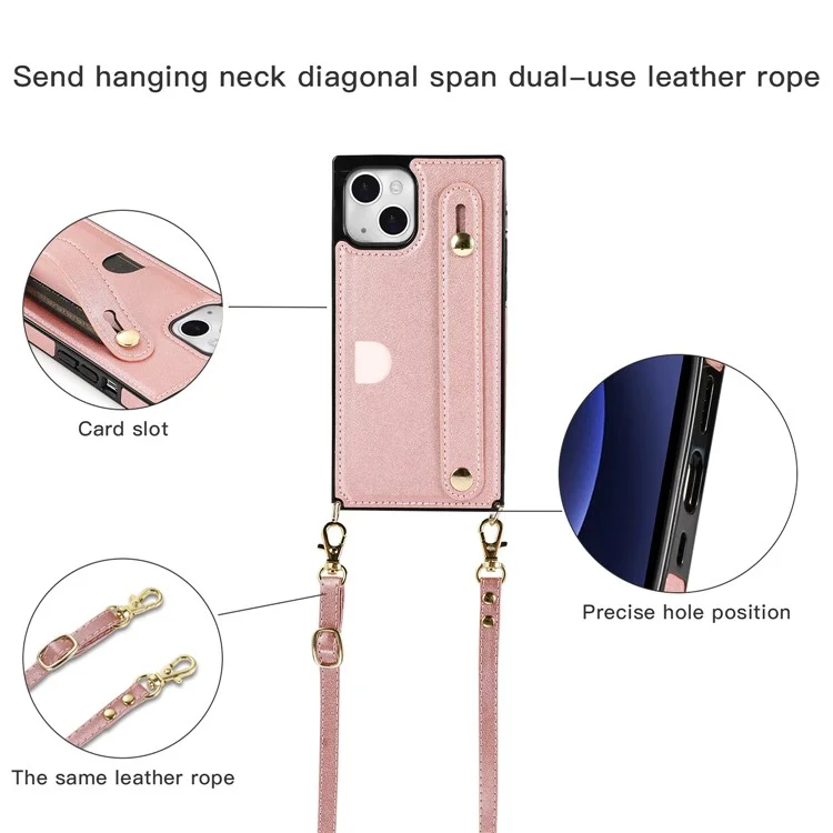 Stylish PU Leather Coated TPU Cover Card Slots Hand Strap Case with Kickstand for iPhone 13 6.1 inch - Rose Gold