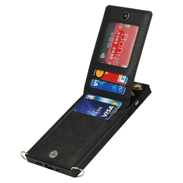 Kickstand Design PU Leather Phone Cover Anti-scratch Card Slots Zippered Wallet Pouch with Shoulder Strap for iPhone 13 mini 5.4 inch - Black