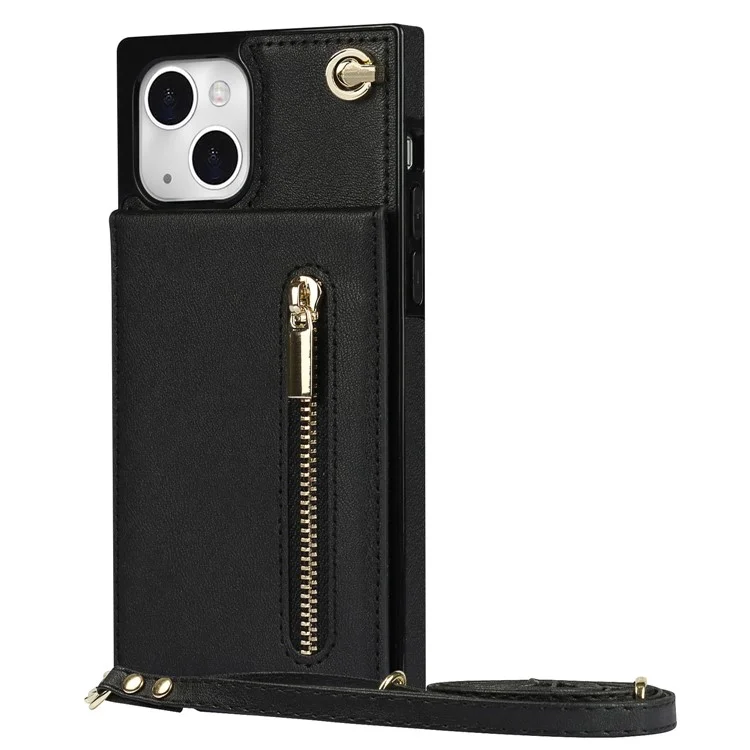 Kickstand Design PU Leather Phone Cover Anti-scratch Card Slots Zippered Wallet Pouch with Shoulder Strap for iPhone 13 mini 5.4 inch - Black