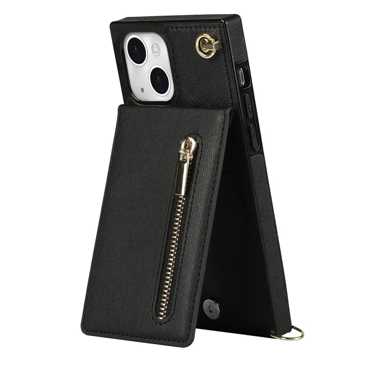 Kickstand Design PU Leather Phone Cover Anti-scratch Card Slots Zippered Wallet Pouch with Shoulder Strap for iPhone 13 mini 5.4 inch - Black