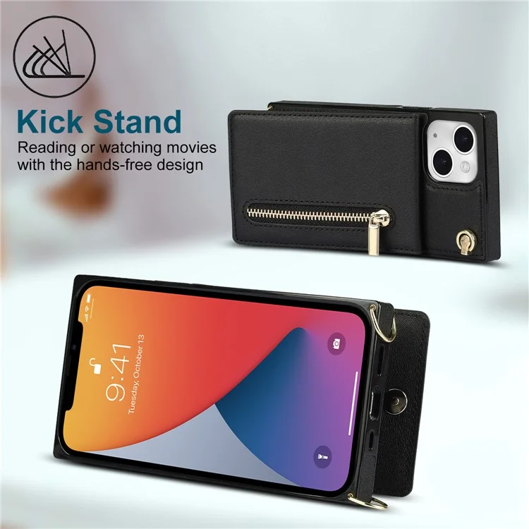 Kickstand Design PU Leather Phone Cover Anti-scratch Card Slots Zippered Wallet Pouch with Shoulder Strap for iPhone 13 mini 5.4 inch - Black
