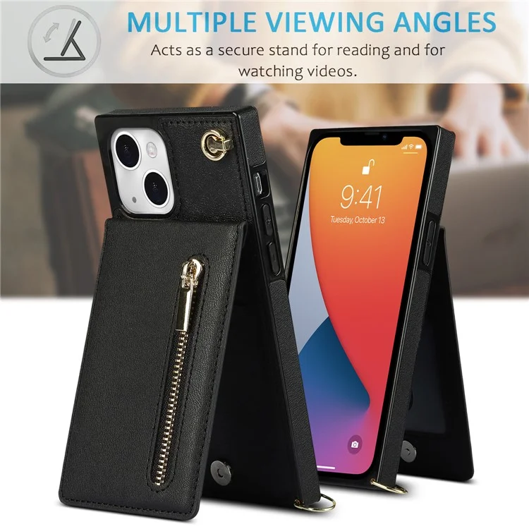 Kickstand Design PU Leather Phone Cover Anti-scratch Card Slots Zippered Wallet Pouch with Shoulder Strap for iPhone 13 mini 5.4 inch - Black