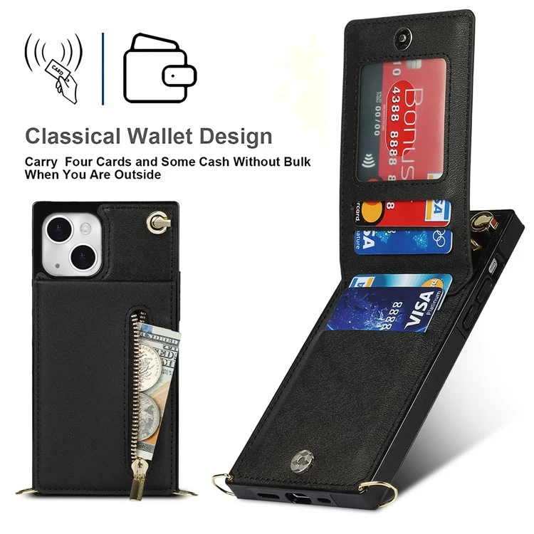 Kickstand Design PU Leather Phone Cover Anti-scratch Card Slots Zippered Wallet Pouch with Shoulder Strap for iPhone 13 mini 5.4 inch - Black