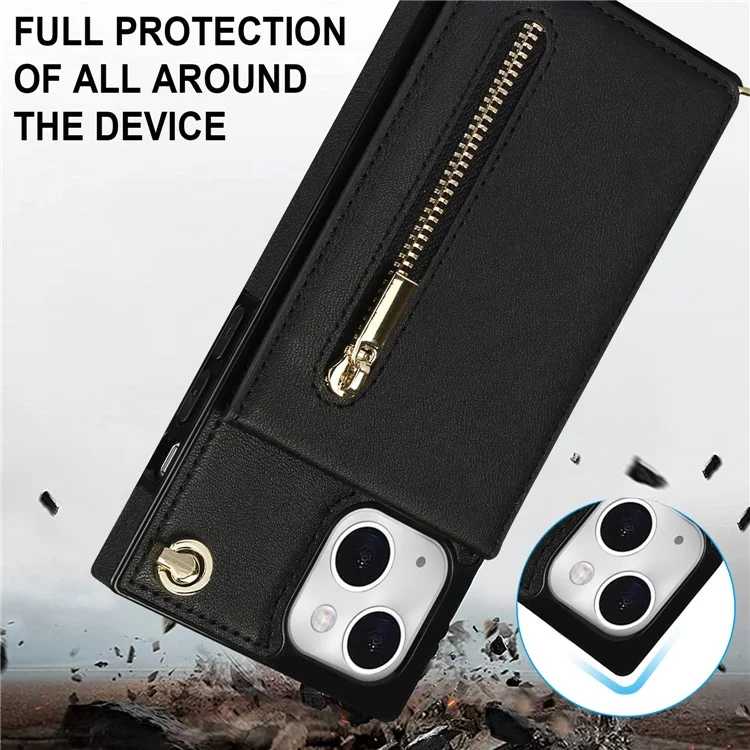 Kickstand Design PU Leather Phone Cover Anti-scratch Card Slots Zippered Wallet Pouch with Shoulder Strap for iPhone 13 mini 5.4 inch - Black