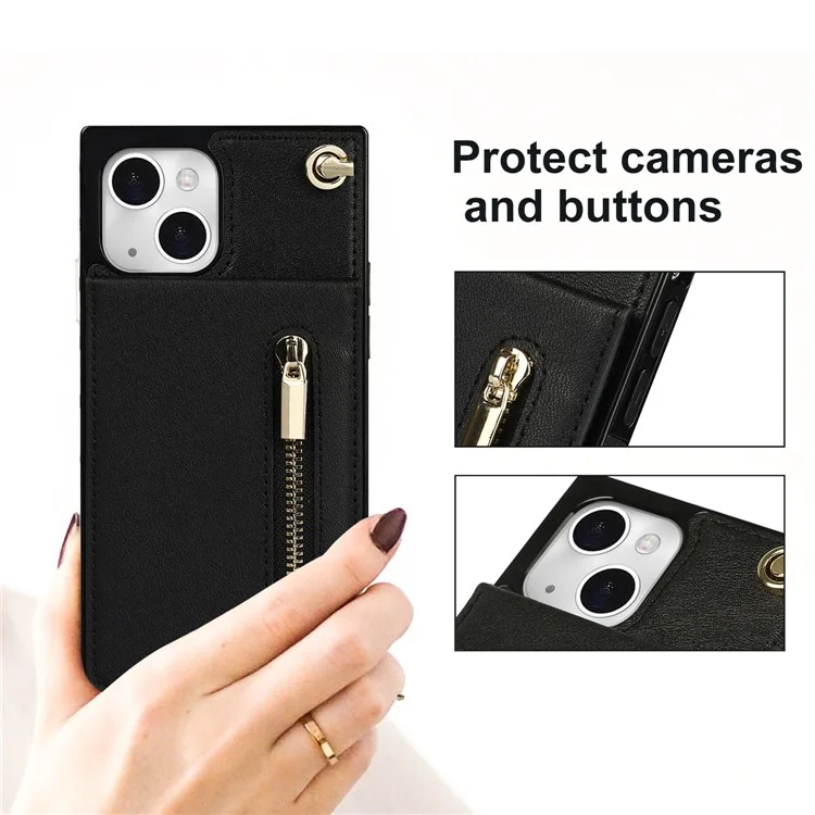 Kickstand Design PU Leather Phone Cover Anti-scratch Card Slots Zippered Wallet Pouch with Shoulder Strap for iPhone 13 mini 5.4 inch - Black
