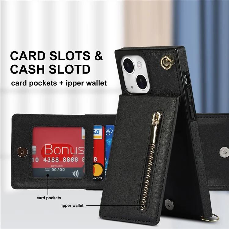 Kickstand Design PU Leather Phone Cover Anti-scratch Card Slots Zippered Wallet Pouch with Shoulder Strap for iPhone 13 mini 5.4 inch - Black