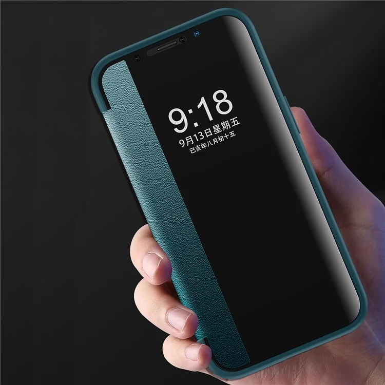 View Window Design Flip Cover Anti-Scratch PU Leder+Hard PC+TPU Hybrid Schutzhülle für iPhone 13 Pro 6.1 Zoll - Blau
