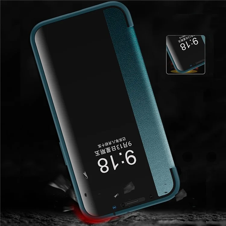 View Window Design Flip Cover Anti-Scratch PU Leder+Hard PC+TPU Hybrid Schutzhülle für iPhone 13 Pro 6.1 Zoll - Blau