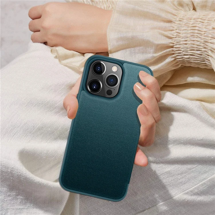 View Window Design Flip Cover Anti-Scratch PU Leder+Hard PC+TPU Hybrid Schutzhülle für iPhone 13 Pro 6.1 Zoll - Blau