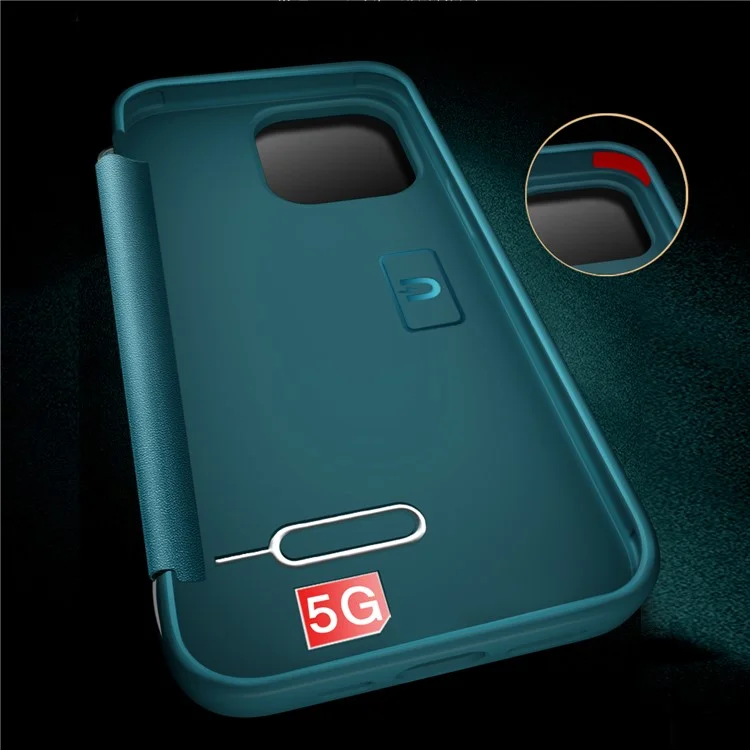 View Window Design Flip Cover Anti-Scratch PU Leder+Hard PC+TPU Hybrid Schutzhülle für iPhone 13 Pro 6.1 Zoll - Blau
