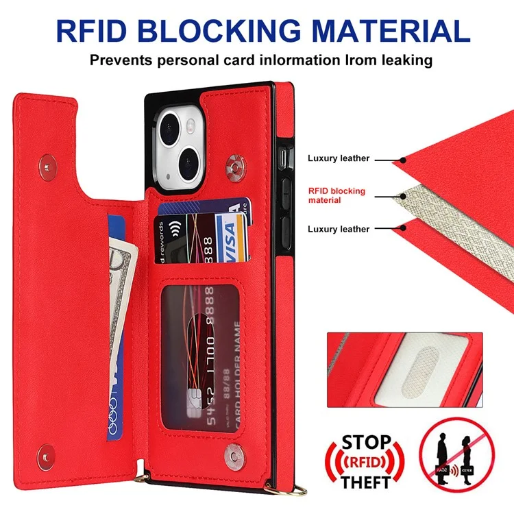 Correa de Tiros Largos Case de Teléfono Patada Rfid Bloqueo de la Cubierta Protectora Antirrobo Para el Iphone 13 Mini 5.4 Pulgadas - Rojo