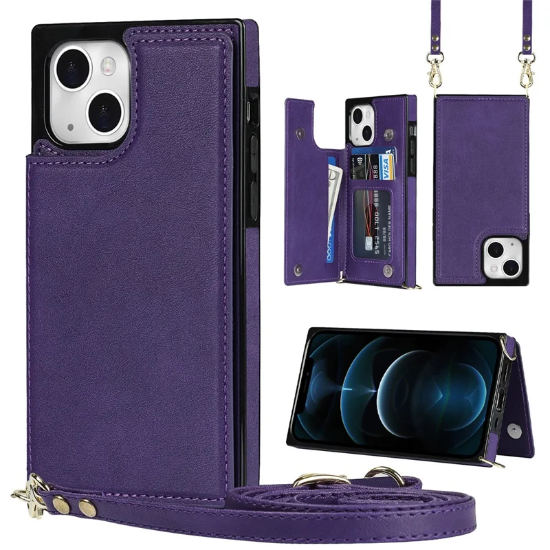 Practical Kickstand RFID Blocking Phone Case Anti-theft Swiping Protective Cover with Card Holder for iPhone 13 6.1 inch - Purple
