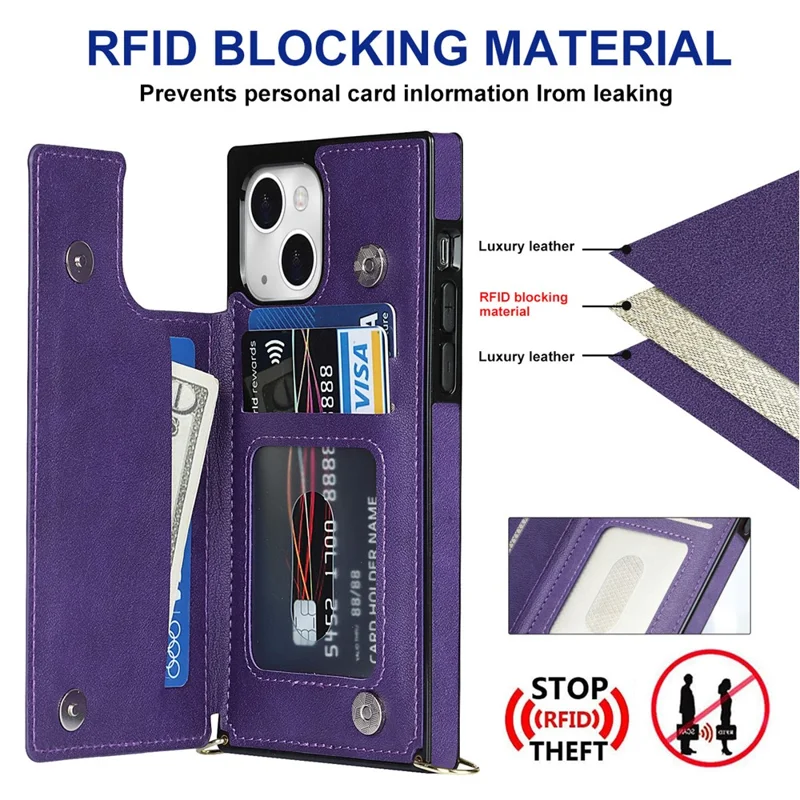 Practical Kickstand RFID Blocking Phone Case Anti-theft Swiping Protective Cover with Card Holder for iPhone 13 6.1 inch - Purple