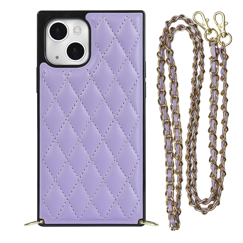 Phone Cover Soft TPU+Microfiber Leather Phone Back Case with Shoulder Strap for iPhone 13 6.1 inch - Purple