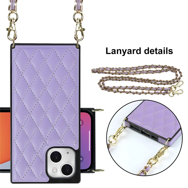 Phone Cover Soft TPU+Microfiber Leather Phone Back Case with Shoulder Strap for iPhone 13 6.1 inch - Purple