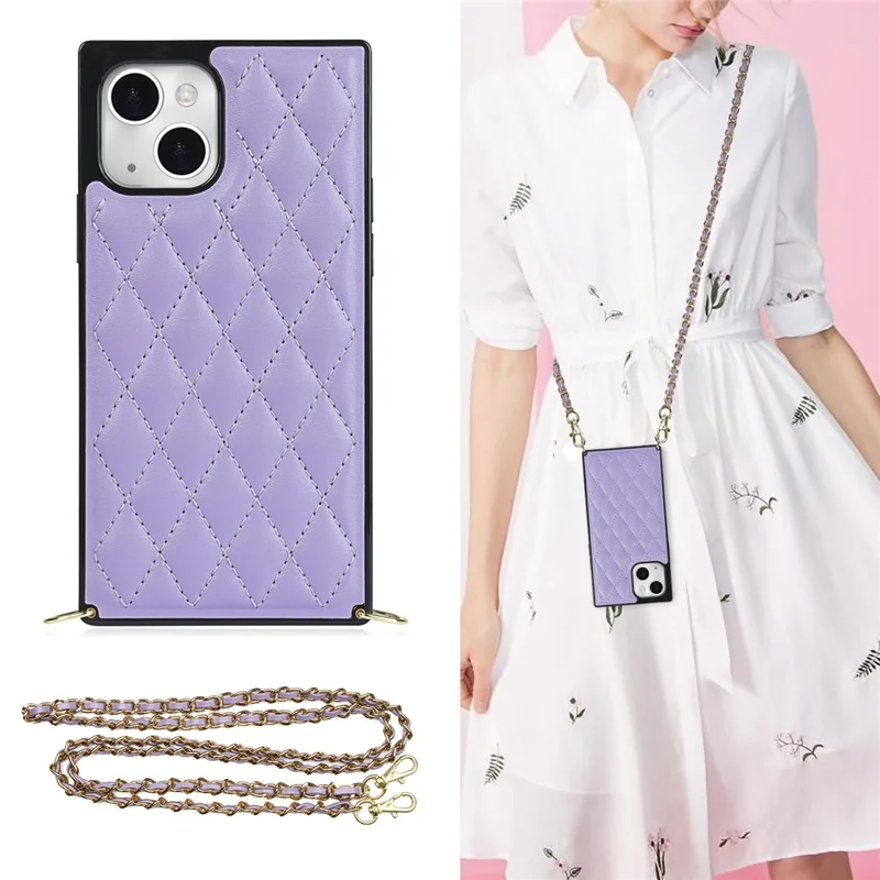 Phone Cover Soft TPU+Microfiber Leather Phone Back Case with Shoulder Strap for iPhone 13 6.1 inch - Purple