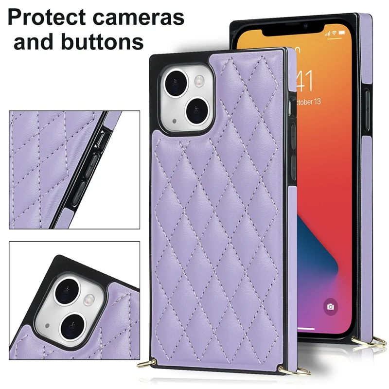 Phone Cover Soft TPU+Microfiber Leather Phone Back Case with Shoulder Strap for iPhone 13 6.1 inch - Purple