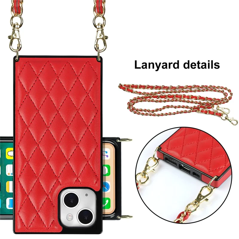 Phone Cover Soft TPU+Microfiber Leather Phone Back Case with Shoulder Strap for iPhone 13 6.1 inch - Red