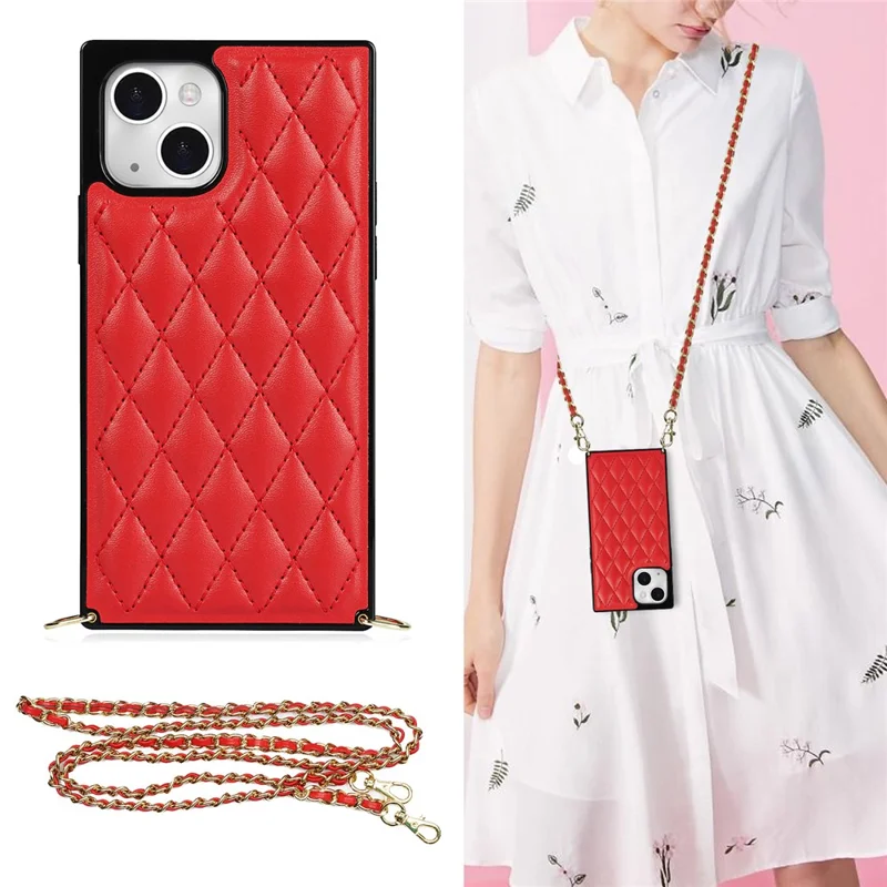 Phone Cover Soft TPU+Microfiber Leather Phone Back Case with Shoulder Strap for iPhone 13 6.1 inch - Red