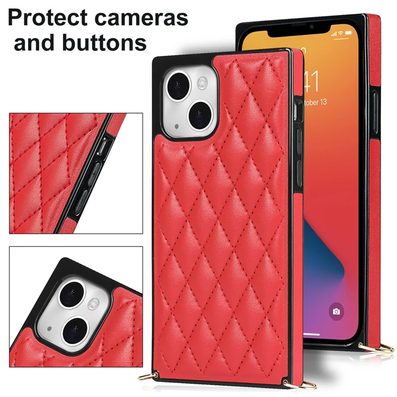 Phone Cover Soft TPU+Microfiber Leather Phone Back Case with Shoulder Strap for iPhone 13 6.1 inch - Red